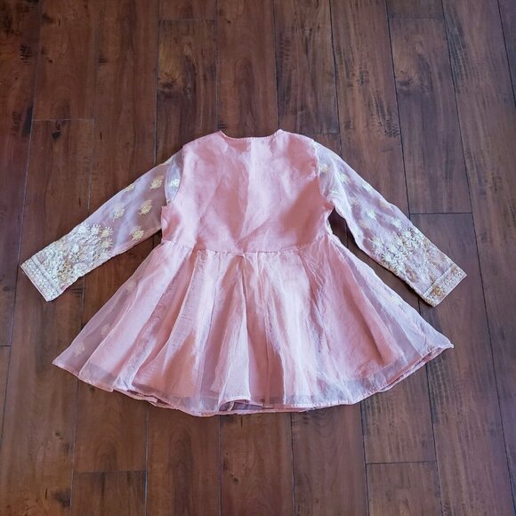 Women's Powder Coral Organza Gold Embroidery Yok Flare And Sleeves Peplum Top - Picture 13 of 14